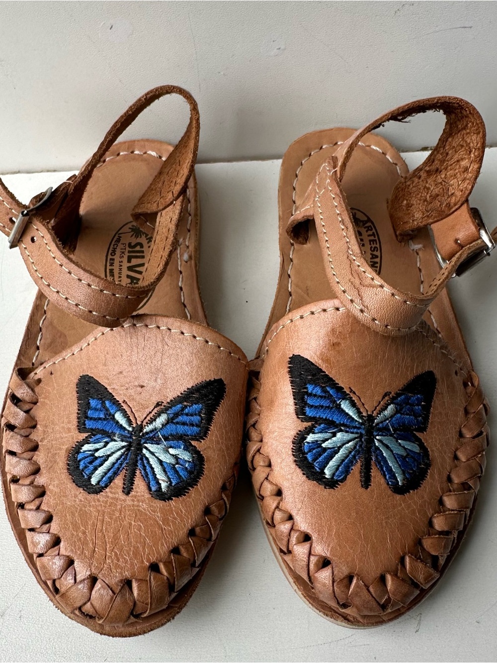 Artesanias Silva Leather Huarache Sandals Blue Butterfly Mexican Kids Size 13